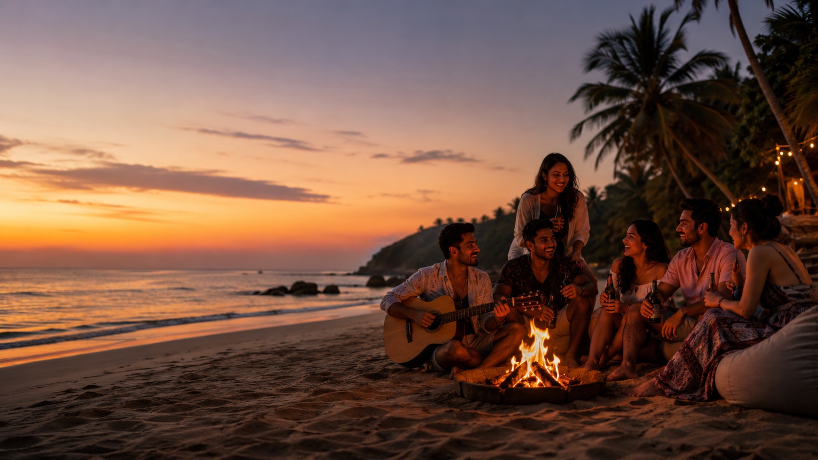 Group around a beach bonfire with a guitar at sunset