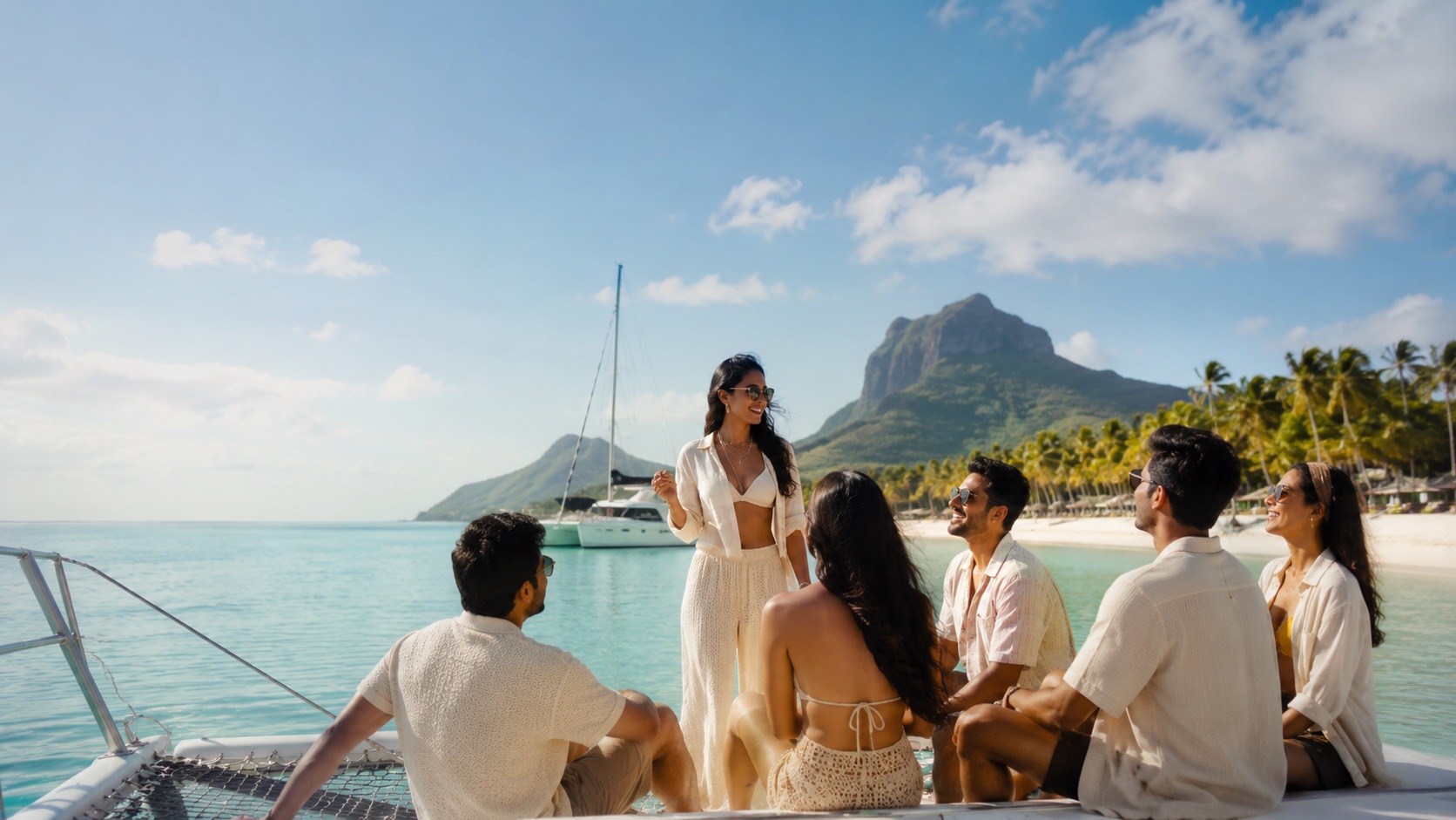 Friends on a catamaran cruise in Mauritius with turquoise lagoon and Le Morne mountain