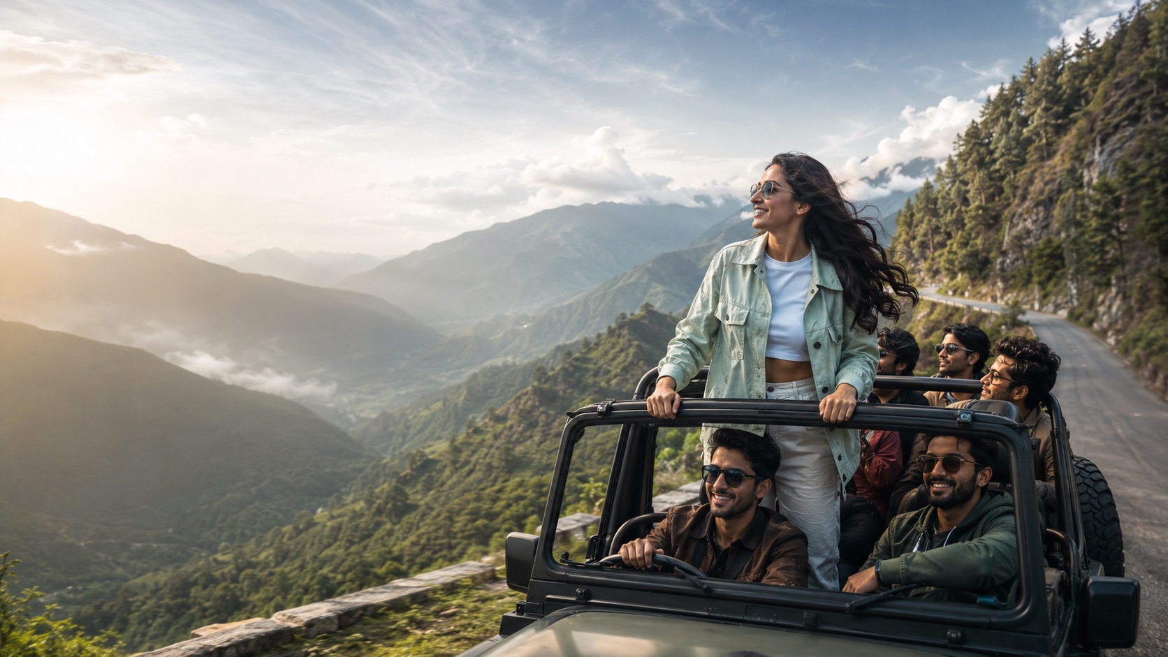 Friends on an open-jeep mountain road trip through misty Himalayan valleys