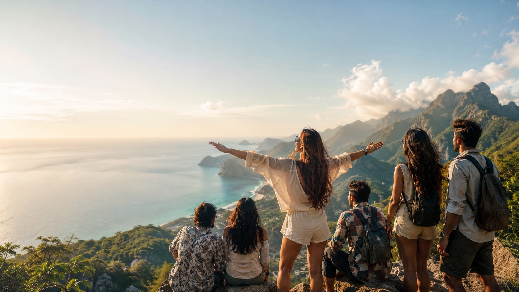 Group of travellers on a mountaintop overlooking the ocean at golden hour